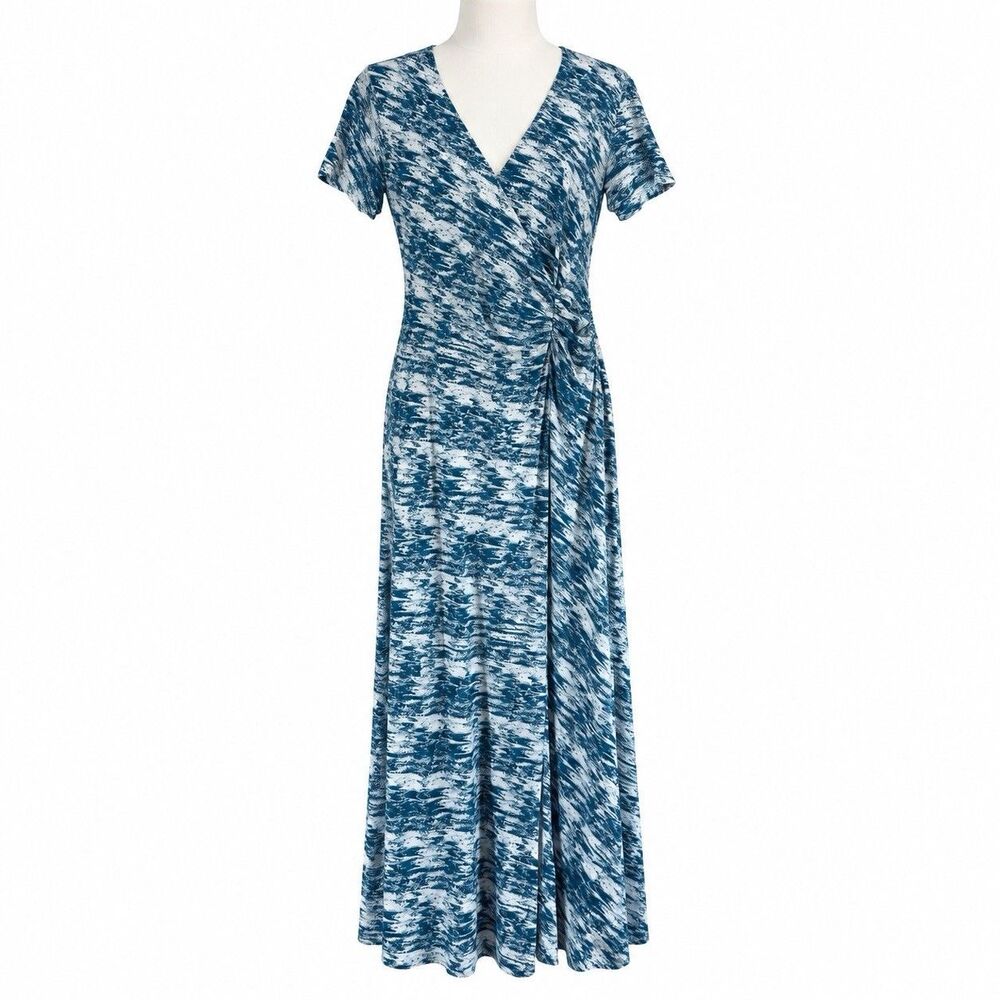 Soft Surroundings Maxi Dress M Blue White Abstract Faux Wrap Short Sleeve